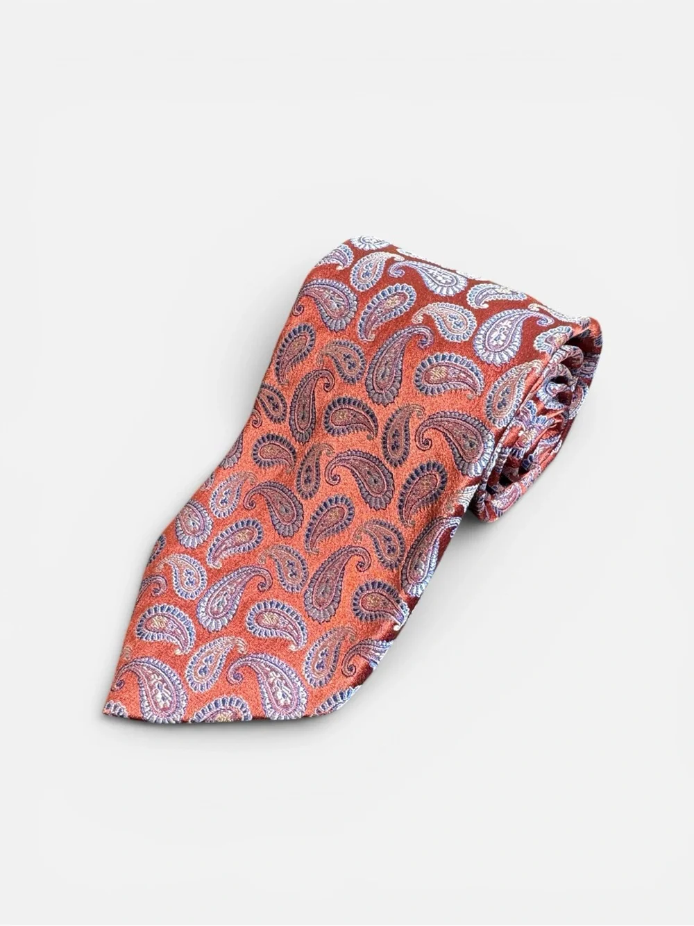 Trafalgar mens orange blue paisley pattern 100% silk neck tie EUC